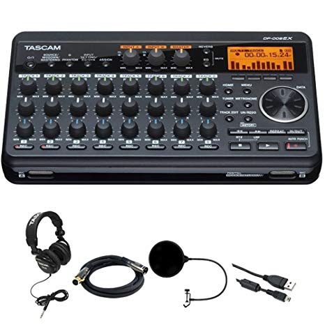 Tascam Compact Portastudio 8 Track Digital Recorder w/ Built In Microphone DP-008EX   Closed-Back Headphones   XLR 10' M-F 16AWG Gold Plated Cable   Pop Filter Mic Wind Screen w/ Mic Stand Clip