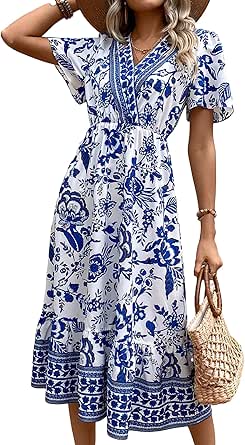 Milumia Women's Summer Flowy Bohemian Dresses Boho Floral V Neck Ruffle Hem Maxi Dress