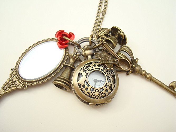 Alice in Wonderland Rabbit Key Pocket Watch Necklace with Real Mirror
