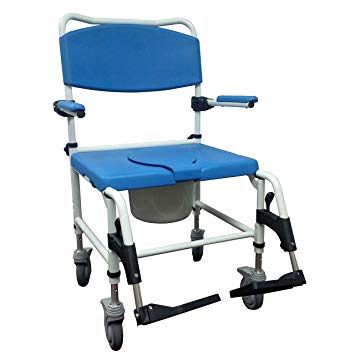 Drive Medical NRS185008 Bariatric Aluminum Rehab Shower Commode Chair with Two Rear-Locking Casters, Blue and White