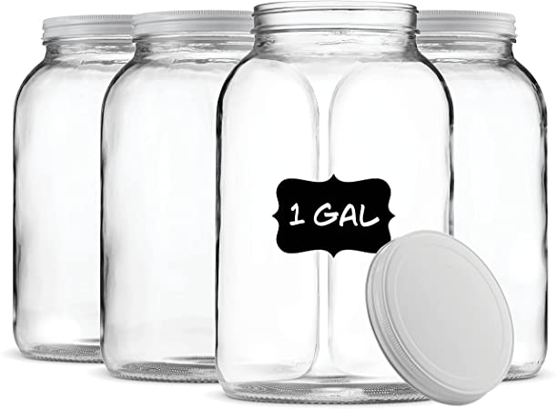 Paksh Novelty 1-Gallon Glass Jar Wide Mouth with Airtight Metal Lid 4-Pack USDA Approved BPA-Free Dishwasher Safe Clear Mason Jar for Fermenting Kombucha Kefir Storing and Canning - Chalkboard Labels