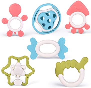 FUN LITTLE TOYS Baby Teething Toys Set (6 Pack), Teether Chew Toys for Toddlers, Easy-Hold, BPA Free, Freezer and Dishwasher Safe