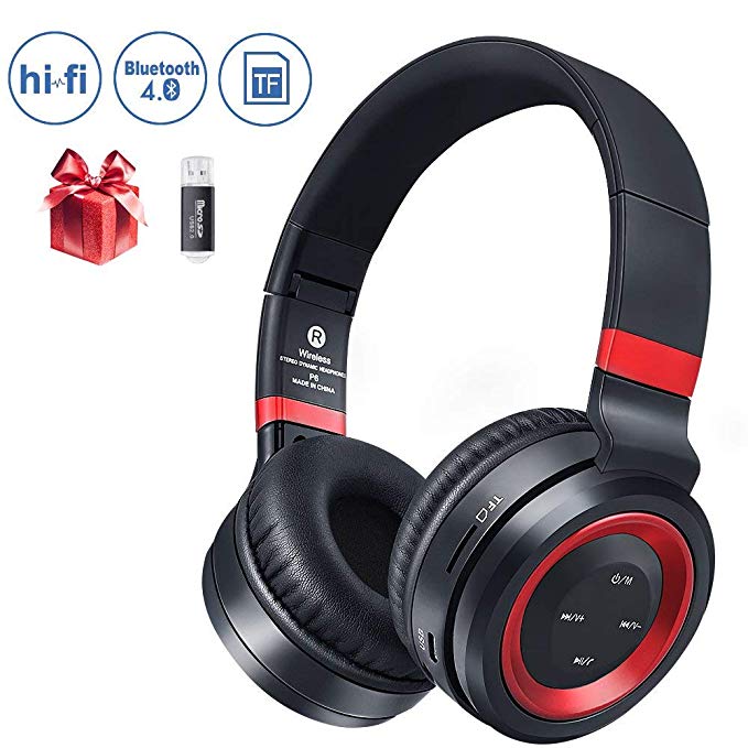 Bluetooth Headphones Over Ear,Foldable Hi-Fi Stereo Wireless Headset Included Card Reader Support Mic/TF Card and Wired Mode for PC/Cell Phones/TV (Red)