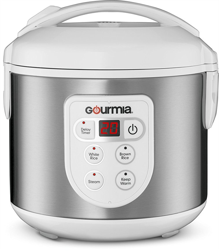 Gourmia GRC670 8 Cup Rice Cooker and Steamer For Grains and Hot Cereal - Steam Basket - Stainless Steel - 6 Preset Modes and Settings Digital Display - Keep Warm - Timer - Bonus Cookbook Included