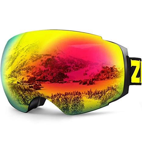 ZIONOR Lagopus X4 Ski Snowmobile Snowboard Skate Goggles with 100% UV400 Protection Magnet Fast Lens Changing System Anti-fog Spherical Frameless Goggles (Black Red)