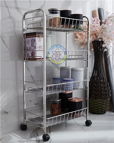 Cosmos Stainless Steel 4 Tier Large Kitchen Organizer Trolley with Anti Skid Mat | Bottle Rack | Kitchen Rack | Rack for Storage | for Office, Utility Area | Size (W- 46cm, D- 26cm, H - 89cm)