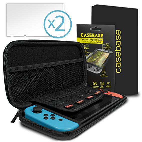 CaseBase Nintendo Switch Protective Bundle with Carry Case & Tempered Glass Screen Protector - Ultra Slim EVA Carry Pouch & 2 X Tempered Glass Screen Protectors for use with Nintendo Switch