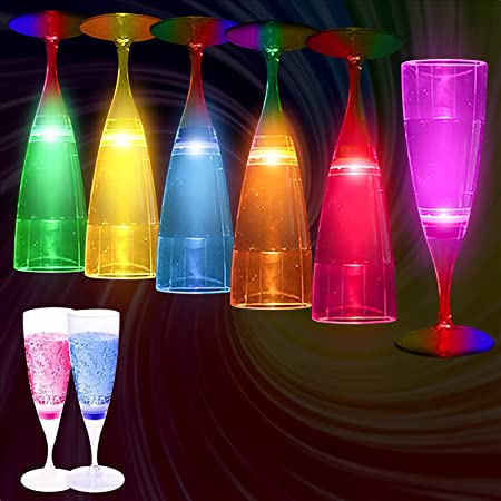 Glowing Party Cups-Homeya Set of 6 LED Champagne Flutes Cups, Automatic Liquid Activated Multi-Color Changing Wine Glasses Light Up in Dark for Christmas&Bar Club&Party&Disco&Birthday&Anniversary