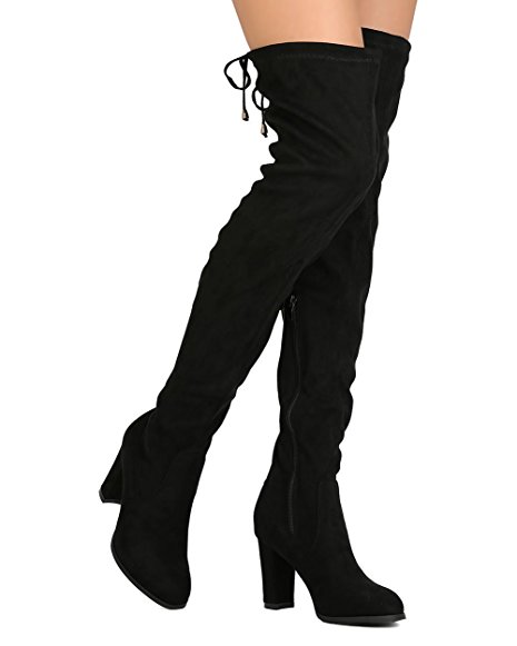 ShoBeautiful Women's Over The Knee Boots Block Heel Drawstring Thigh High Stretchy Boot