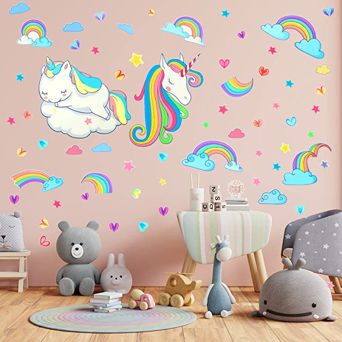 152 Pieces Stickers for Ceiling Unicorn Themed Wall Decals for Girls Bedroom Decor, Glowing Rainbow Heart Kids Wall Stickers Unicorn Decals Room Home Birthday Party Decoration (PVC)