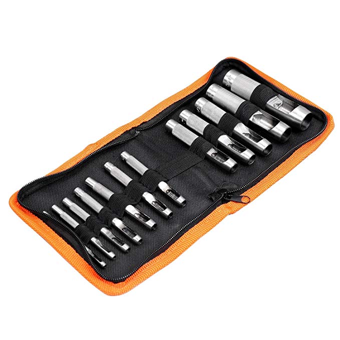 HORUSDY Heavy-Duty 12-Piece Hollow Punch Set with Holder for Punch Precise Holes in Leather or Plastic