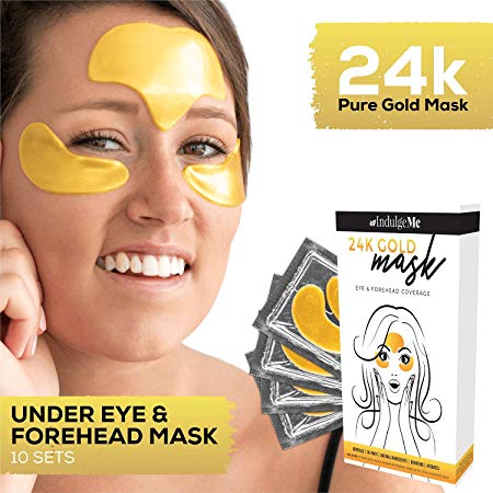 Gold Eye Masks, Plus Forehead Pads, Collagen Eye Patches for Puffy Eyes, Dark Circles, Bags, Most Eye Coverage of Any Treatment, Under Eye Mask, Natural Collagen, Nano Gold, Hyaluronic Acid.