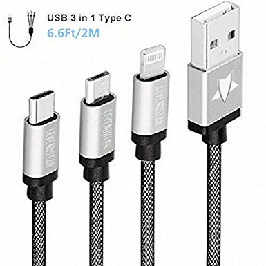 USB Type C Cable, LeVenustar 6.6ft (2M) 3 in 1 Multiple USB Charging Cable with Lightning Cable / Micro USB / USB Type C for iPhone 6 6 Plus 5 5s, Macbook, Nexus 6P, 5X, Sumsung and more (Silver)