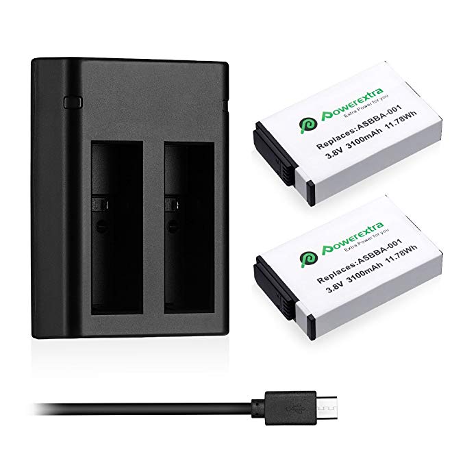 Powerextra 2X 3100mAh ASBBA-001 Replacement Gopro Fusion Battery with Dual USB Charger Include Micro USB and Type-C Inputs Compatible with Gopro Fusion 360 Degree Sport Camera
