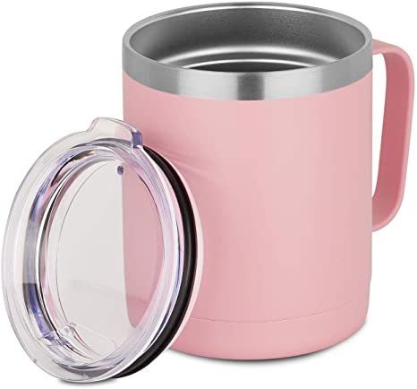 HASLE OUTFITTERS 12oz Stainless Steel Insulated Coffee Mug with Handle, Metal Double Wall Vacuum Travel Mug, Reusable Tumbler Cup with Lid 1 Pack, Pink