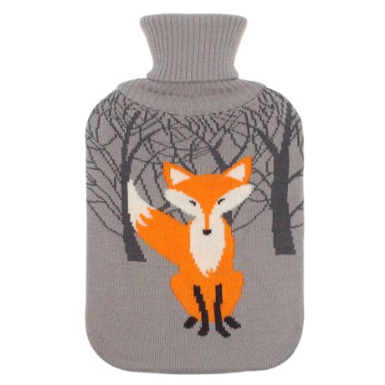 Large 2 Liter Soft Cute Hot Water Bottle Knit Cover - ONLY Cover (2 L, Gray with Fox)