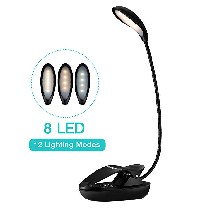 TopElek Reading Light, 8 LED Book Light with 12 Brightness, 3 Colors, Rechargeable Clip On Lamp with Flexible Goose Neck, Dual Hinge for Night Reading, Kids