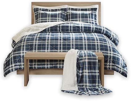 Comfort Spaces Aaron Sherpa Comforter and Throw Combo Set, Ultra Softy Fluffy Warm Checker Plaid Pattern Cold Weather Bedding, Full/Queen, Navy