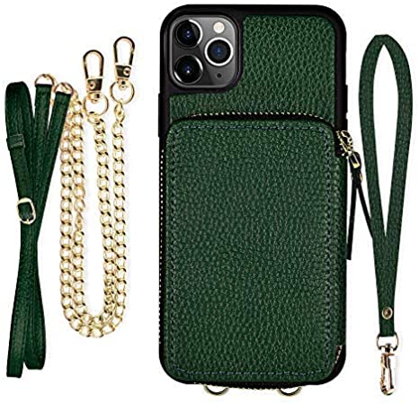 ZVE iPhone 11 Pro Max Wallet Case, iPhone 11 Pro Max Crossbody Case with Card Holder Zipper Wallet Crossbody Chain Protective Leather Cover Bumper for Apple iPhone 11 Pro Max 6.5 inch - Midnight Green