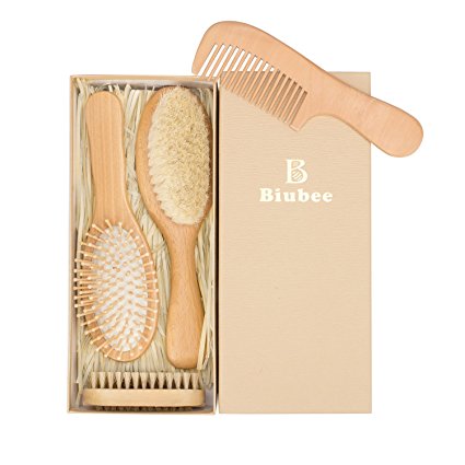 Biubee 4 Piece Wooden Baby Brush and Comb Set for Newborns & Toddlers Natural Goat Hair Bristles Cradle Cap Perfect Gift for Infant Shower Registry