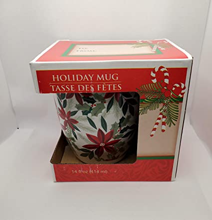 Gift-Boxed Holiday Mug, Ceramic 14oz Poinsettia Holly Leaves Green Red Christmas