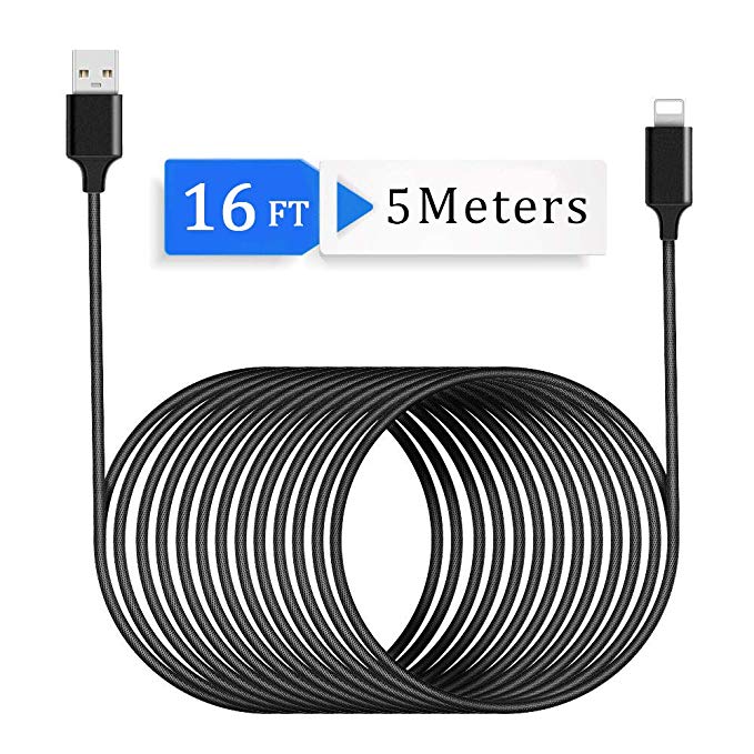 Charging Cable 16ft/5m Long, Fast Charge USB Durable Nylon Fiber Weave High Speed Data Syncing Cord Compatible with Phone Xs/ X/ 8Plus/ 8/ 7Plus/ 7/ 6sPlus/ 6s/ 6Plus/ 6/ 5s/ 5c/ 5/ Pad/ Pods - Black