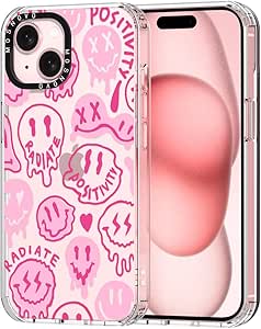 MOSNOVO Case for iPhone 15, [Buffertech 6.6ft Military-Grade Drop Protection] [Anti Peel Off Tech] Clear TPU Bumper Phone Case Cover Design - Pink Dripping Smiles