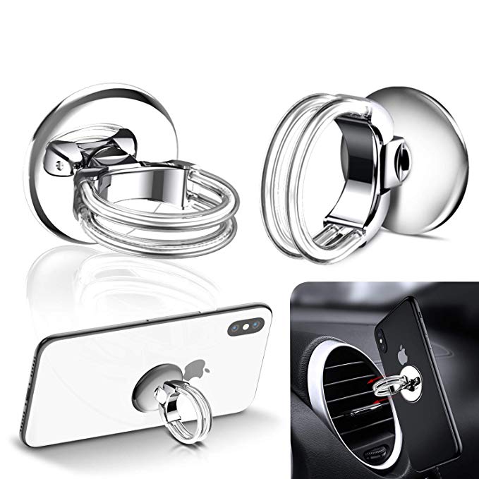 Cell Phone Ring Holder Stand,Double Finger Ring Buckle Design for Air Vent Car Phone Mount Grip with 360°Rotation,180°Flip and Strong Sticky Gel Pad for iPhone,Tablet,Phone Cases(Sliver,2 Pack)