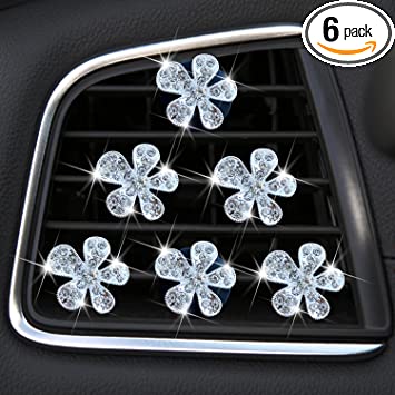 Bling Flower Air Vent Clips, 6 Pcs Crystal Daisy Car Air Fresheners Vents Clips Car Air Conditioning Outlet Clip Rhinestone Glam Car Interior Decoration Charm Bling Car Accessories for Women