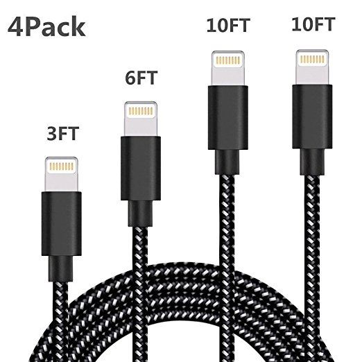 Lightning Cable,PUJIN iPhone Charging Charger Cable 4Pack [3FT 6FT 10FT 10FT] Extra Long Nylon Braided Charging Cable Cord for iPhone X / 8 / 8 Plus / 7 / 7 Plus / 6 / 6 Plus / 5S (Black White)