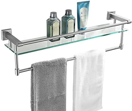 JQK Bathroom Glass Shelf, Stainless Steel Large Towel Rack with 24 Inch Bar, Towel Holder Brushed Wall Mount