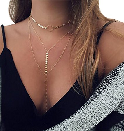 Women Sexy Multilayer Necklace Long Thin Sequins Chain Choker Jewelry