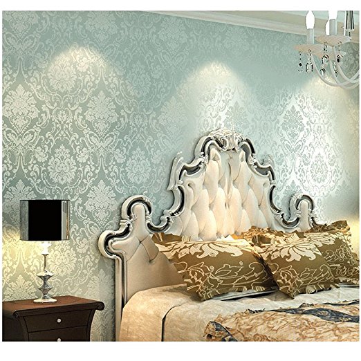 LOHOME(TM) European Style Embossed Damask Textured Bedroom Wallpaper Nonwovens Soft Roll Wall Sticker For Home Decoration(Blue-green)