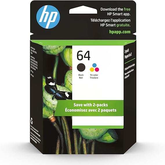 Original HP 64 Black/Tri-color Ink Cartridges (2-pack) | Works with HP ENVY Photo 6200, 7100, 7800 Series | Eligible for Instant Ink | X4D92AN