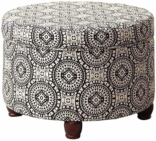 HomePop Upholstered Round Storage Ottoman with Lid, Black and White Medallion