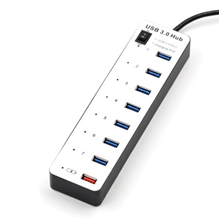 FranLyon 8 port 3.0 usb hub 7port usb hub  1 charger port with switch (black and white)