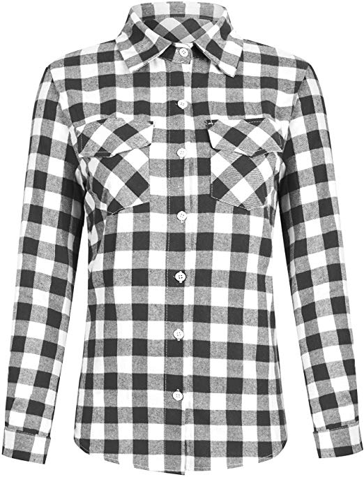 Buffalo Plaid Shirt Women Button Front Long Roll-Up Sleeve Classic Boyfriend Casual Tunic Top