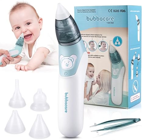 Mouche Bébé Electrique, Aspirateur Nasal 2 en 1 et Dissolvant de Cérumen, Nettoyeur électrique pour le Nez de Bébé avec 4 Buses en Silicone pour Nouveau-nés, Tout-petits