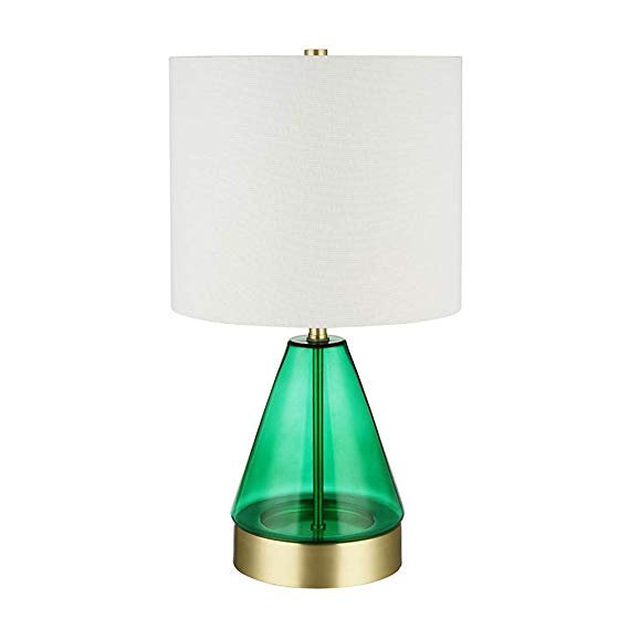 Rivet Modern Cone Table Lamp with LED Light Bulb and USB Port - 10 x 10 x 18 Inches, Green Glass and Brass