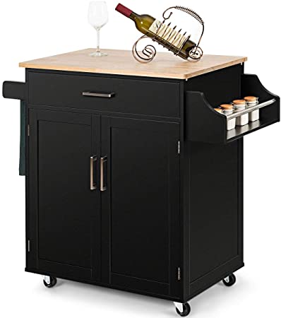 Giantex Rolling Kitchen Island Cart with Spice & Towel Racks, Wood Kitchen Trolley, Lockable Rubber Casters, Large Drawer and 2-Door Storage Cabinet, 5-Position Adjustable Shelf (Black)