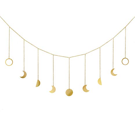 Mkono Moon Phase Garland with Chains Boho Gold Shining Phase Wall Hanging Ornaments Moon Hang Art Room Decor for Wedding Home Office Nursery Room Dorm, Gold