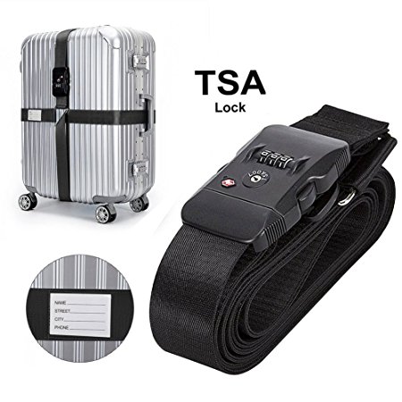 TSA Luggage Strap, Dolida Travel Luggage Strap with 3 Dial TSA Approved Lock, Adjustable Suitcase Belt Packing Belt Travel Tags for Airport Security (black)