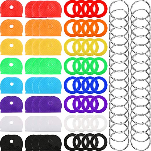 Chuangchou 64 Pieces Key Caps Covers Kit, Plastic Key Identifier Rings in 8 Different Colors with 32 Pieces Steel Key Rings for Keys Organization