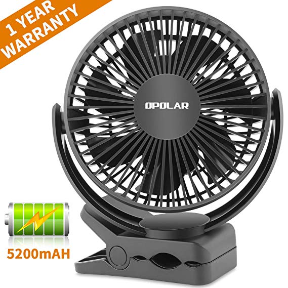 OPOLAR Clip Fan with 5200mAh Battery and Timer, 3 Speeds, Strong Clamp, 7 Blade, Rechargeable Battery or USB Powered, Clip & Desk Fan 2 in 1, Quiet for Baby Stroller, Crib, Treadmill, Office, Outdoor