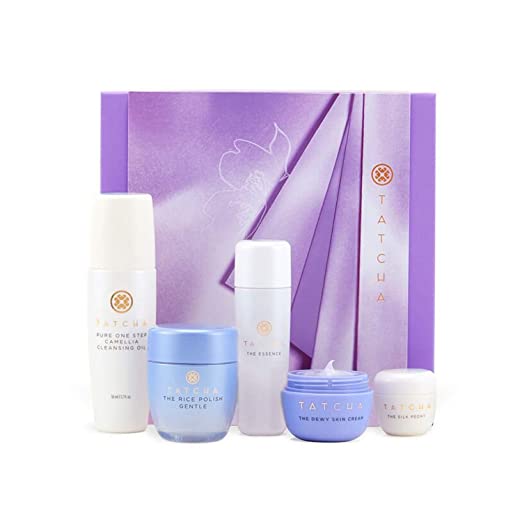 Tatcha The Starter Ritual Set - Replenishing for Dry Skin: Includes Pure One Step Camellia Cleansing Oil, The Rice Polish: Gentle, The Essence, The Dewy Skin Cream, The Silk Peony