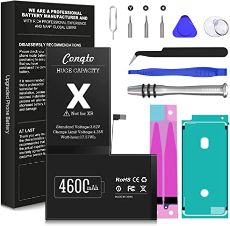 [4600mAh] Battery for iPhone X, (2023 New Version)Conqto New Upgrade 0 Cycle Ultra High Capacity Battery Replacement for iPhone X Model A1865, A1901, A1902 with Full Set Professional Repair Tool Kits