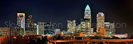 Charlotte Skyline PHOTO PRINT UNFRAMED NIGHT COLOR Skyline 11.75 inches x 36 inches Queen City Downtown Photographic Panorama Poster Picture Standard Size