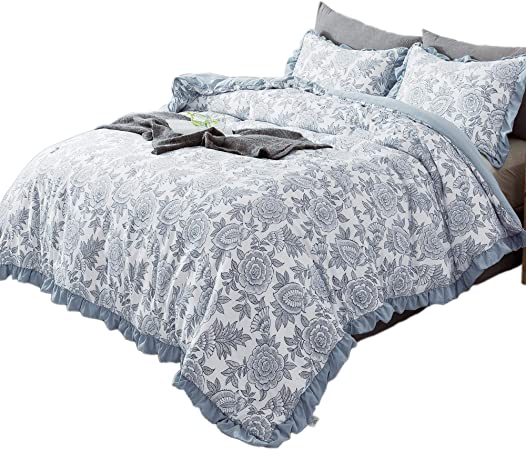 KASENTEX All Season Quilted Comforter Set Chic Modern Printed Pattern Down Alternative Fill 3-Piece with Stylish Boarder Trim Design(Floral Blue, Queen   2 Shams)