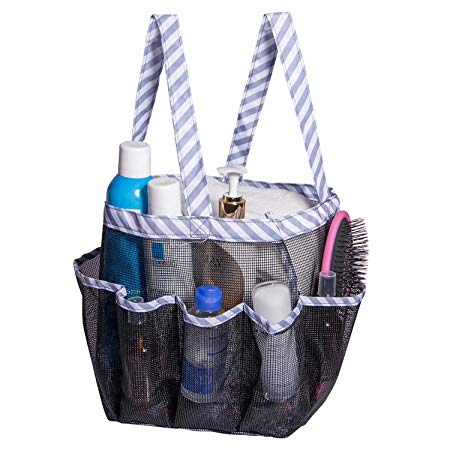 Attmu Mesh Shower Caddy, Quick Dry Shower Tote Bag Oxford Hanging Toiletry and Bath Organizer with 8 Storage Compartments for Shampoo, Conditioner, Soap and Other Bathroom Accessories (Black Stripe)