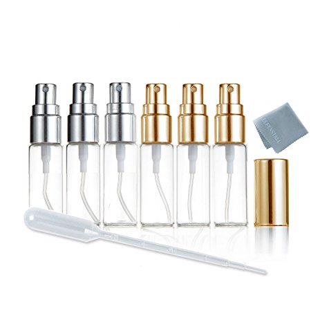 Elfenstall- 6pcs Mini Fine Mist Clear 5ml 1/6OZ Atomizer Glass bottle Spray Refillable Fragrance Perfume Empty Scent Bottle Clean Cloth for Travel Party Portable Makeup Tool free 3ML Pipette